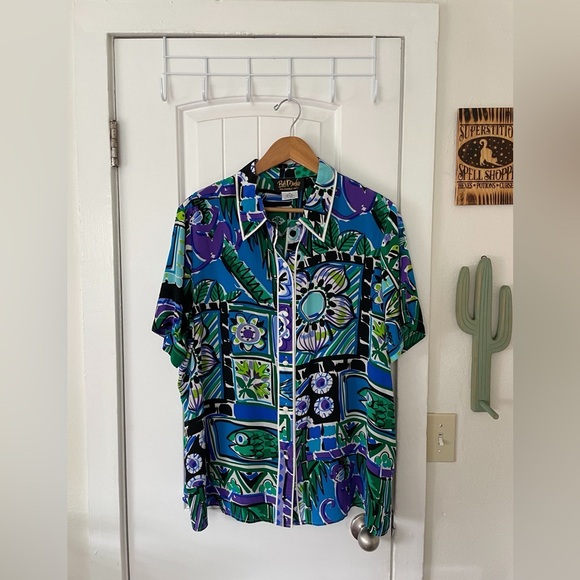 Bob Mackie Wearable Art 100% Silk Novelty Cat Short Sleeve Hawaïi Watercolor XL - Picture 1 of 7